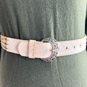 Wms Fossil Leather Belt Floral Patchwork Pieces Metallic Silver Gold M Western